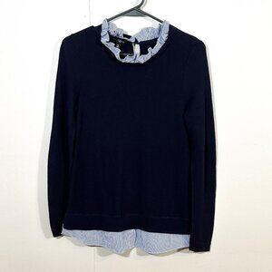 EUC Talbots Navy Sweater w/Pinstripe Ruffle Dickie Collar & Hem-Size Med Petite